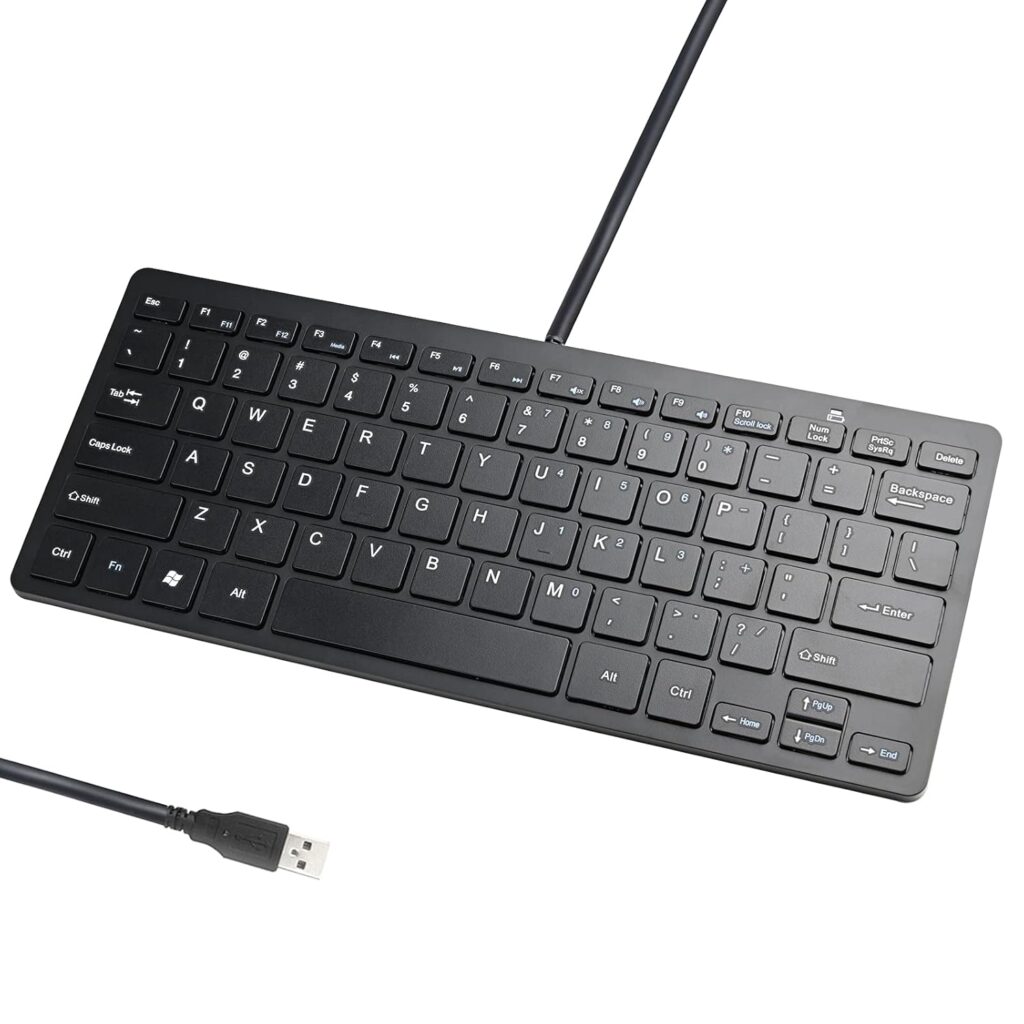 Powboro 2021 Upgraded PC Computer Laptop Mini USB Wired Keyboard for Mac and Windows 78 Scissor Keys Small Super Thin Compact Multimedia Keyboard (Black)