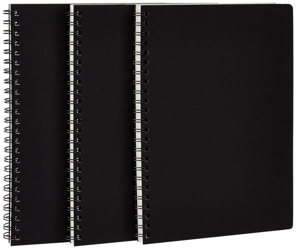 amazon basics College Spiral Notebook, 120 Pages, A5, Size 5.5 x 8.2 Inches, Blank | Travel Writing, Journal, Notepad, Sketchbook | For Students, Office | Subject Diary | Pack Of 3 (Black Cover)