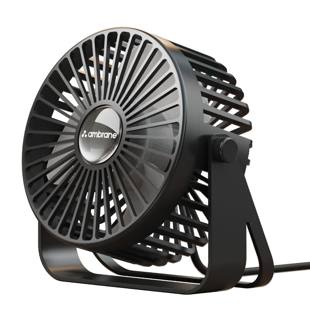 AMBRANE USB Desk Fan, 360° Rotatable Portable Mini Fan | 3 Speed Modes, Noiseless comfort | Strong Airflow Table Fan for Home, Office, Car, Travel | USB Powered via Laptop/Charger/Power Bank – Black|