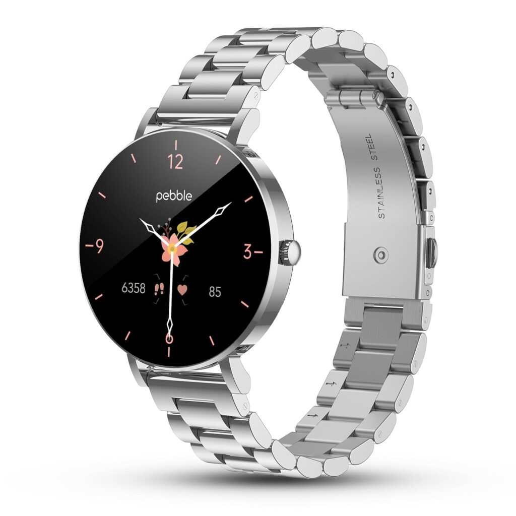 Pebble Eve 1.19” Ultra AMOLED Smartwatch 700 Nits, Bluetooth Calling Smart Watch for Women, Female Health Tracker, Stainless Steel Strap, IP67, DIY Faces, Smart Sensors, BT 5.3 - Classic Silver