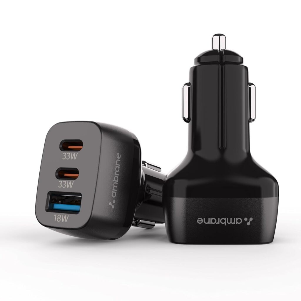 Ambrane 84W Triple Output Fast Car Charger with 2 Type-C & 1 USB, 33W Type C Charging with PD Technology, Fast Charging Adapter Compatible with Cars for iPhone & Android Smartphones (Charge C84,Black)