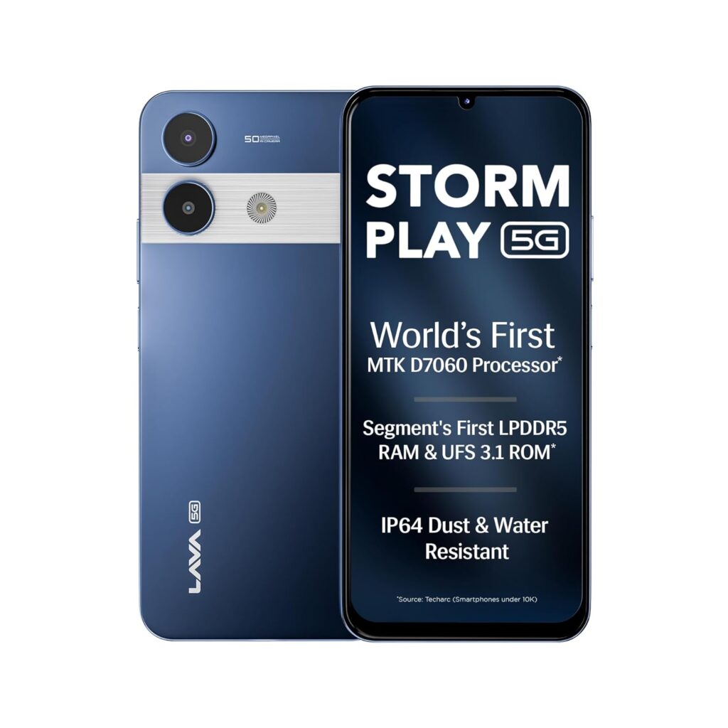 Lava Storm Play 5G (Frosty Blue, 8+8*GB RAM, 256 GB Storage)|India's First MT D7060 Processor with 525k Antutu |50 MP AI Camera | 6.75" HD+ Display (120 Hz) | 5000 mAh Battery |IP64 Dust & Water Proof