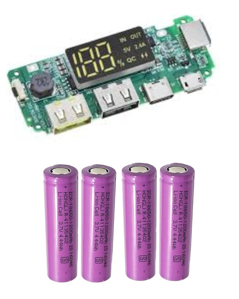 Sam Combo Pf 3-Port USB Power Bank Module with LED Display | 5V 2.4A Boost Converter | Type-C, Micro USB, Lightning Input | Dual USB Output for DIY Charging Projects and 4pcs 1200mah Cell