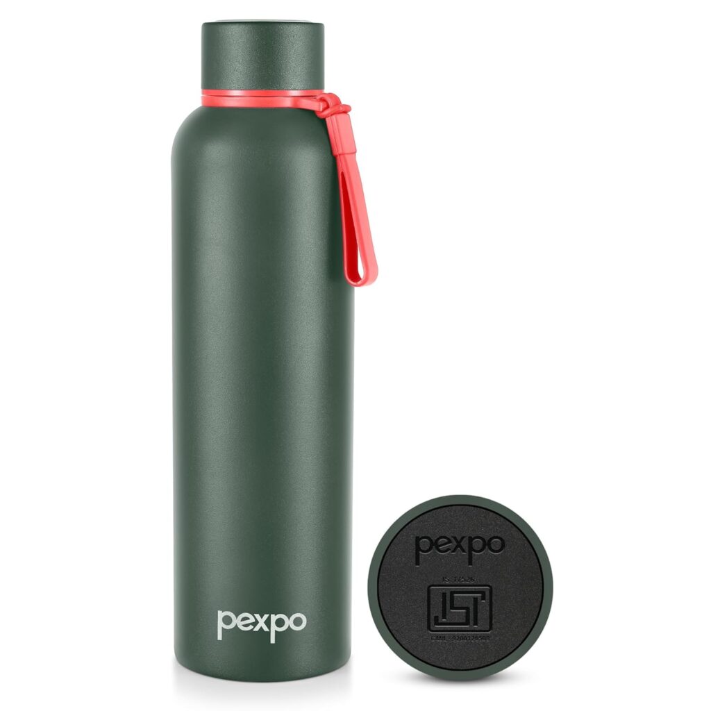 Pexpo Bravo 1000 Stainless Steel Water Bottle 980ml | Hot and Cold Flask | ISI Certified Steel Bottle | Triple Wall Insulation | Leakproof | for Home, Office | 1-Year Warranty | Military Green