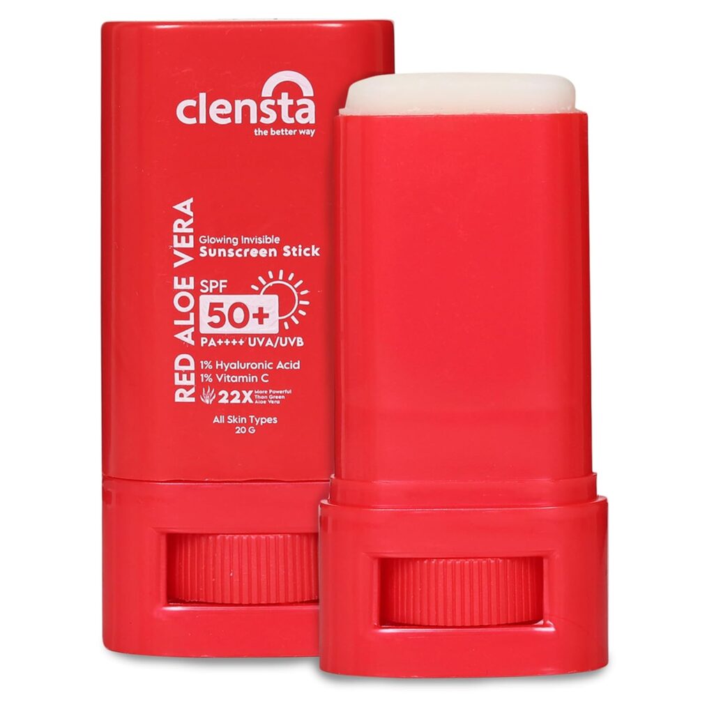 Clensta Red Aloe Vera Spf 50 Sunscreen Stick Pa++++, Uva/Uvb Rays Protection With Hyaluronic Acid & Vitamin C For Hydrating, Deep Moisturizing & Skin For Women & Men - All Skin Types, 20 Gm