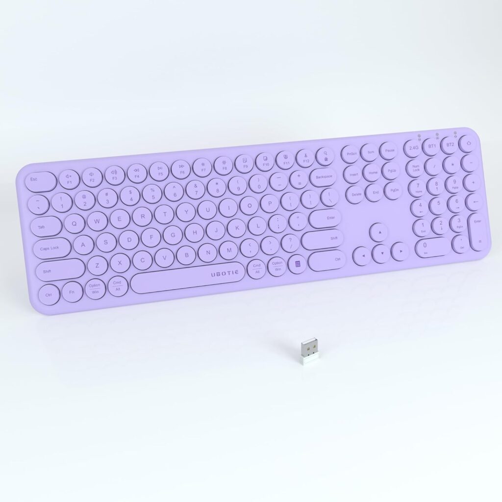 UBOTIE Wireless Purple Keyboard, Bluetooth 2.4GHz Dural Mode Connection Scissor Switches Slim Quiet Round Keycaps Full Size Office Computer Keyboards for PC MAC Smart Phones