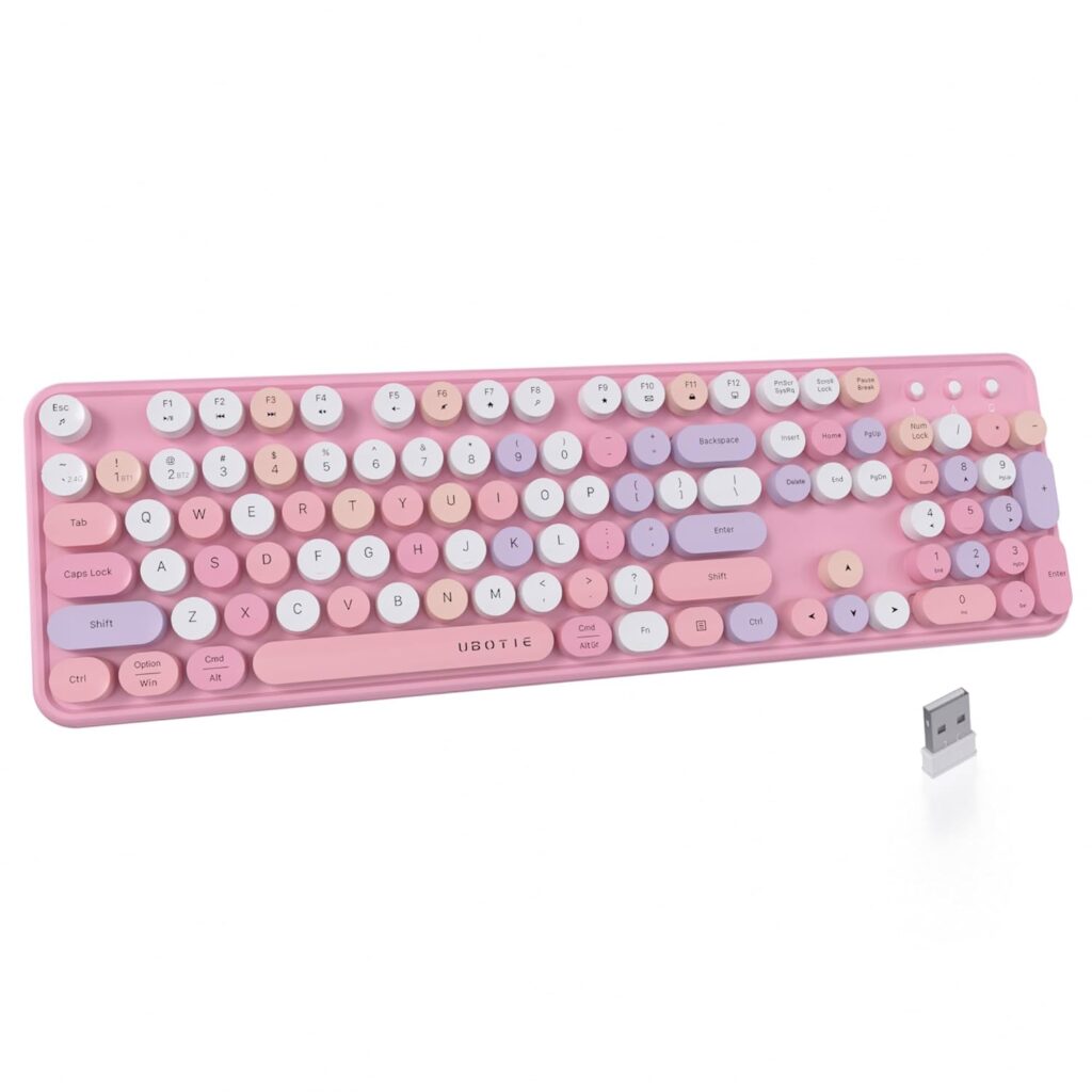 UBOTIE Dual Mode Colorful Wireless Keyboard, Bluetooth and USB Receiver Retro Typewriter Round Keycaps Keyboard Support Multi Devices for PC Laptop Tablet Phones(Pink Colorful)