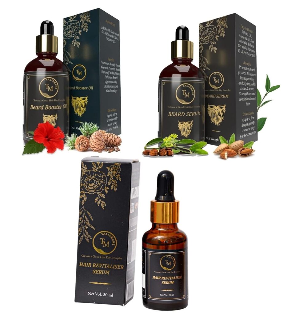 TALISMANE Professional Beard Booster Oil (30ml), Beard Serum (30ml) & Hair Revitalizer Serum (30ml)Combo (Pack of 3)with Essential Oils for Thicker Beard,Reduces Patchiness,Adds Shine& Promotes Growth