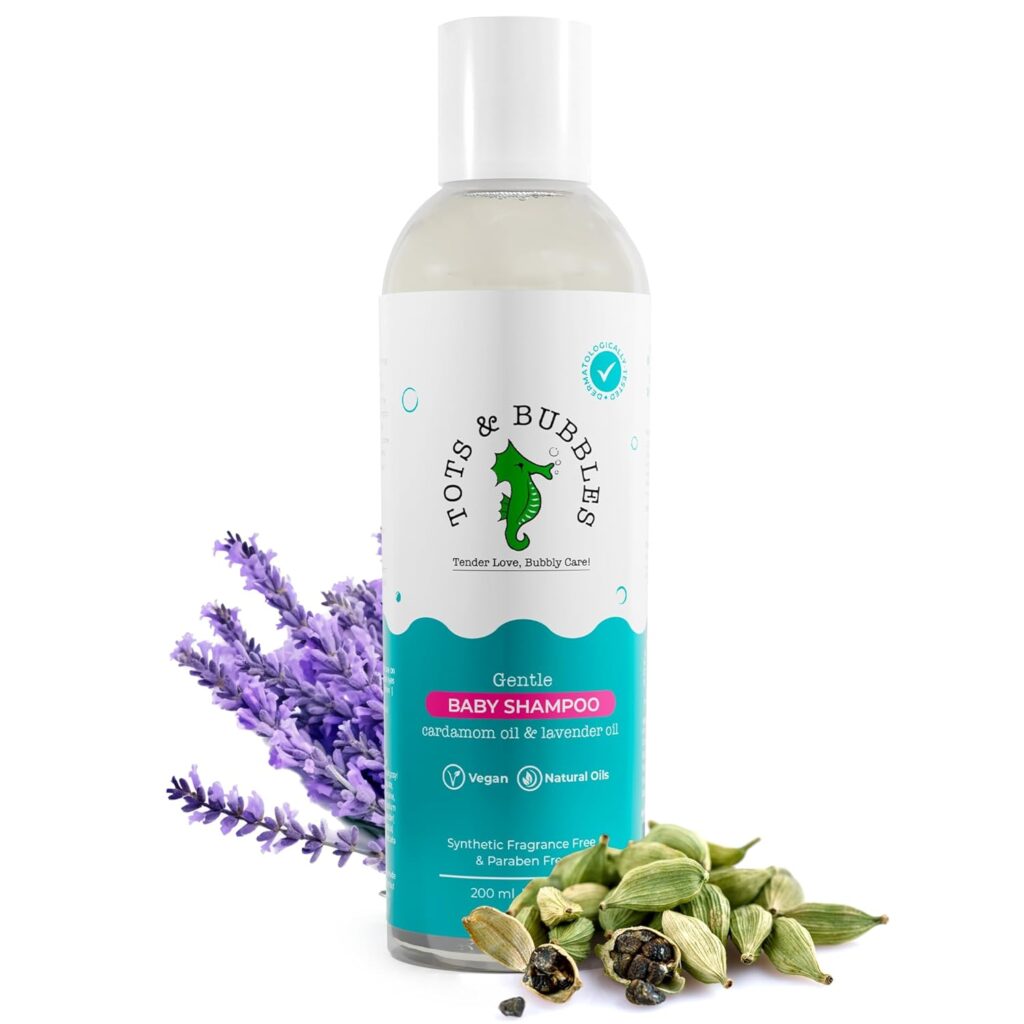 Tots & Bubbles Gentle Baby Shampoo & Hair Cleanser 200ml | Tear-Free, pH Balanced & Fragrance-Free | Natural Lavender & Cardamom Oil for Calming Scalp, Strengthening Hair & Daily Nourishment | Dermatologically Tested | Safe for Newborn & Sensitive Skin (0–5 Years)