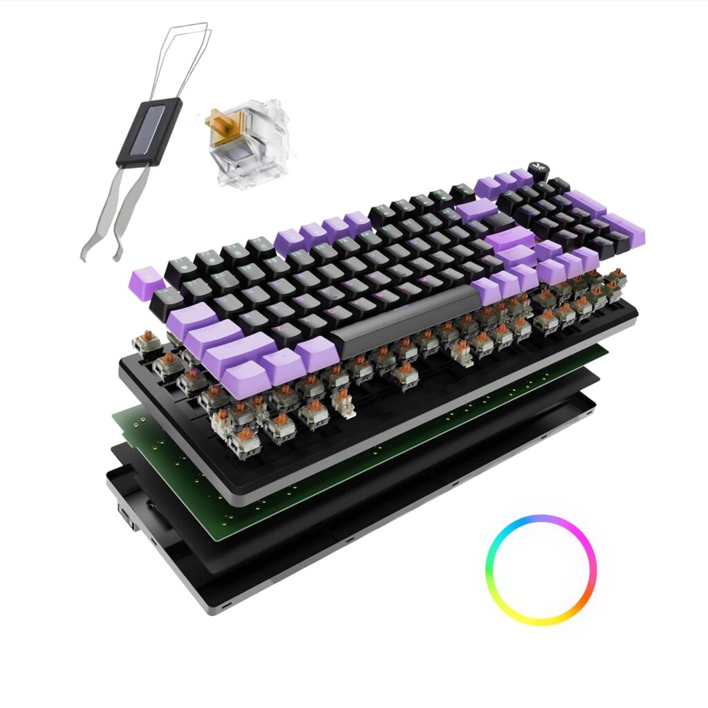 Kreo Hive 98 Wired RGB Mechanical Gaming Keyboard | Full Size 98 Keys, Metal Volume Knob, Per-Key RGB, Hot-Swappable Switches (Black-Purple, Brown)