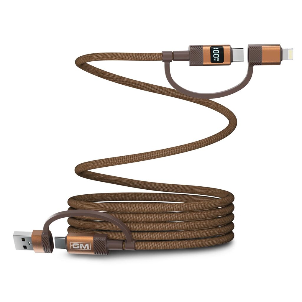 G+ Flash 4-in-1 100W Magnetic Charging Cable with LED Indicator, Self-winding, 480Mbps, 4 Ports (2 Type-C, Type-A, Lightning), 120cm Cord Length, For Laptops, Tablets, & High-power Devices