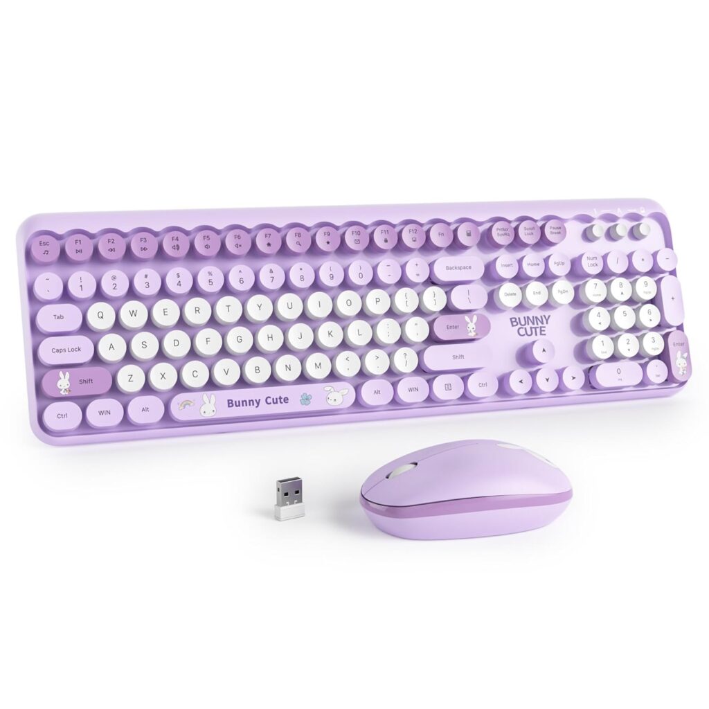 Wireless Keyboard and Mouse Combo, Cute Typewriter Keyboard with Number Pad, 2.4GHz Full Size Keyboard for PC Laptop Windows(Gradient Purple)
