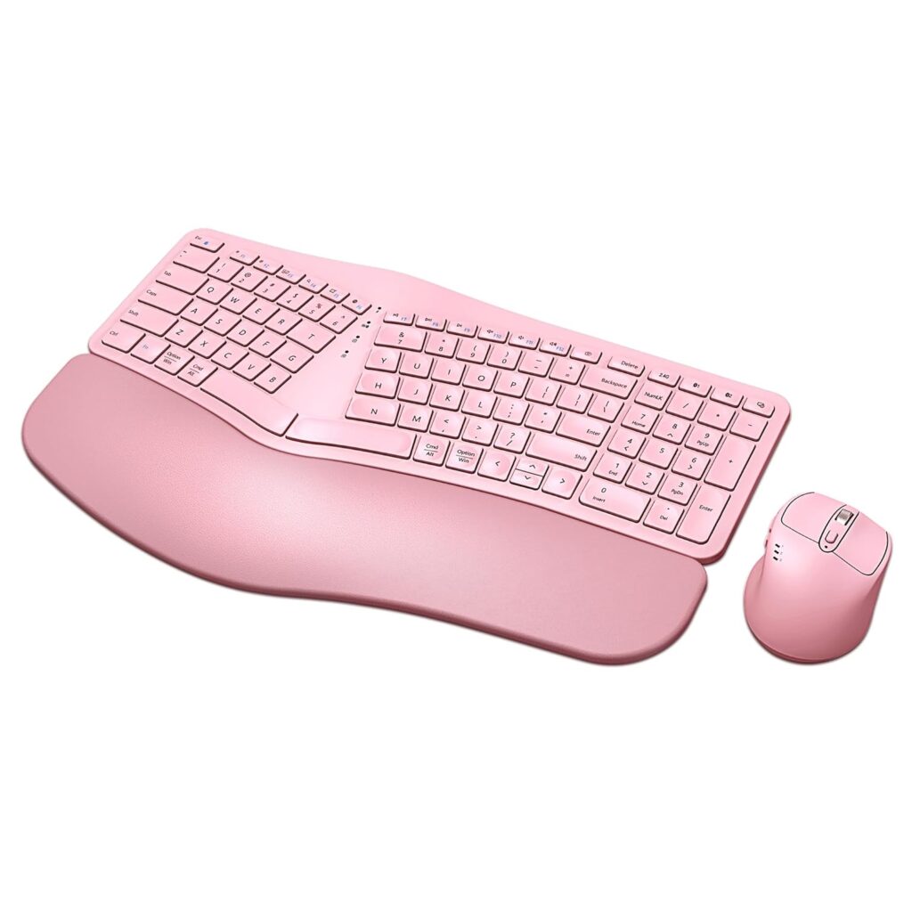 MK960 Ergonomic Wireless Keyboard Mouse Combo, Bluetooth/2.4G Split Design Keyboard with Palm Rest and 4 Level DPI Adjustable Wireless Mouse Multi-Device, Rechargeable, for Windows/Mac/Android(Pink)