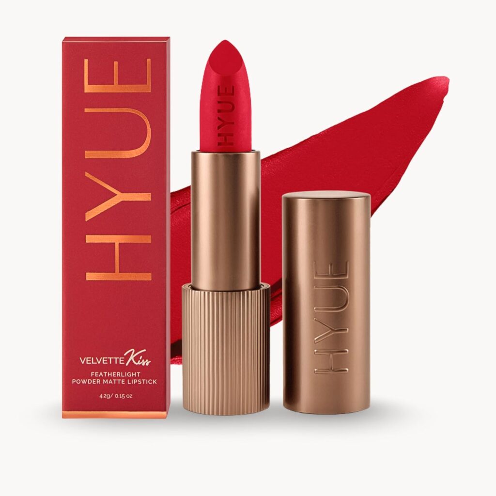 HYUE Velvet Kiss Matte Bullet Lipstick | Feather Light & Powder Matte Finish | Long-Wear Intense Color | With Jojoba, Almond & Gooseberry Extracts | Smudge-Proof, Travel-Friendly, Precision Tip | 12 Bold Shades