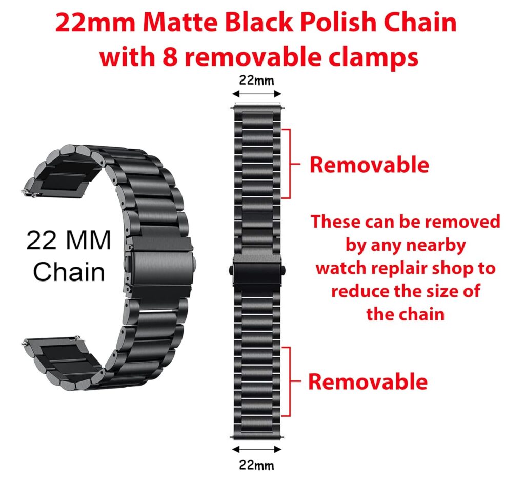 ADAMO Stainless Steel Strap Heavy Metal Chain Band for Men and Women with Matte Polish and Multiple Colors and Sizes 20mm and 22mm (Color and Size Options Below) replacement strap Chain for all Smartwatches & Analog Watches (Please measure size before ordering. Instructions to measure in Images)