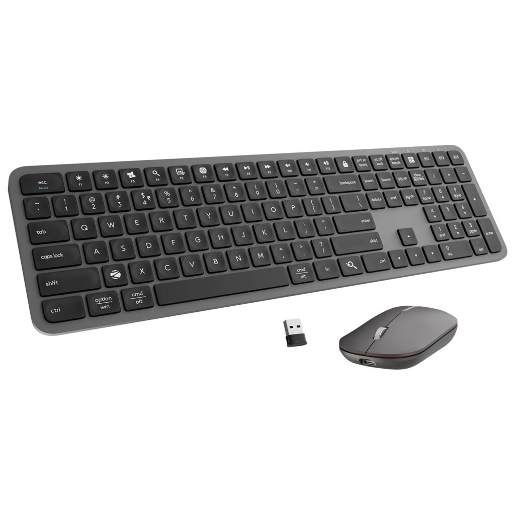 Zebronics Wireless Keyboard & Mouse Combo, 2.4GHz + Multi BT Toggle, Scissor Switch, Mac & Win Toggle, UV Coated Keys, Multimedia Keys, Upto 1600DPI, Type-C Charging, High Precision (Companion 5002)