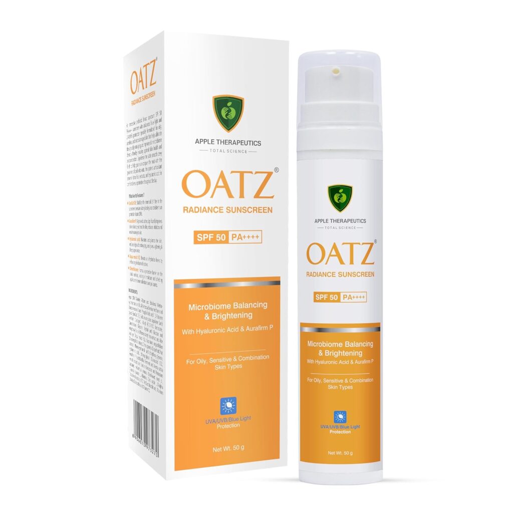 APPLE THERAPEUTICS Oatz Radiance Face Sunscreen SPF 50 PA++++ 50g | Gel Based for Acne Oily & Sensitive Skin | Hyaluronic Acid | UVA/UVB Blue Light Protection for Women & Men
