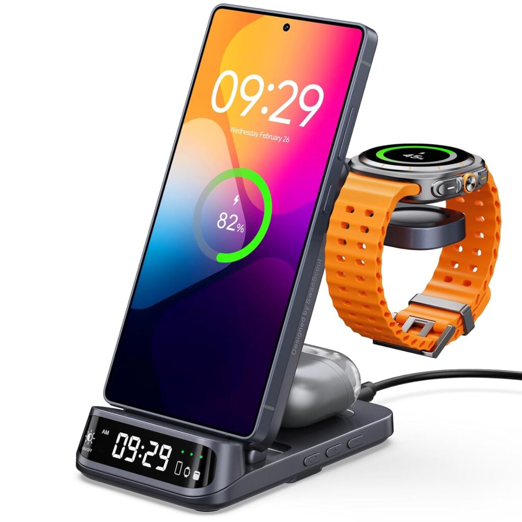 SwanScout 708S Wireless Charging Station for Samsung S25/Watch 8, 3 in 1 Wireless Charger for Samsung S24/S23/S22/Z Flip/Fold,for Galaxy Watch 8 Classic/7/Ultra/6/5,Galaxy Buds 3/3 Pro(NO Adapter),