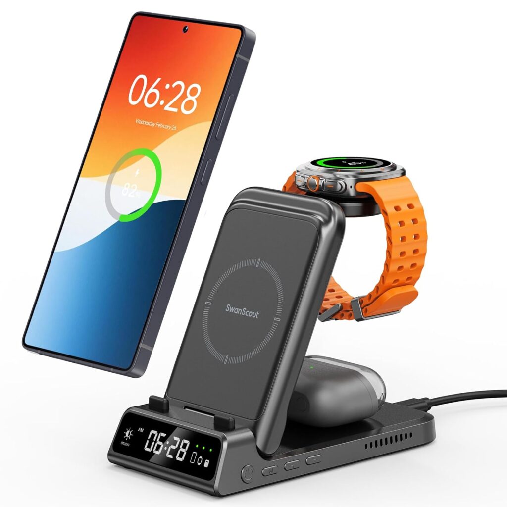 SwanScout 703S Charging Station for Samsung Galaxy, 3-in-1 Wireless Charger for Galaxy S25/S24 Ultra/S24S23/S22/Z Flip/Fold, for Galaxy Watch Ultra/8/7/6/5, for Galaxy Buds (No Adapter) (Black)