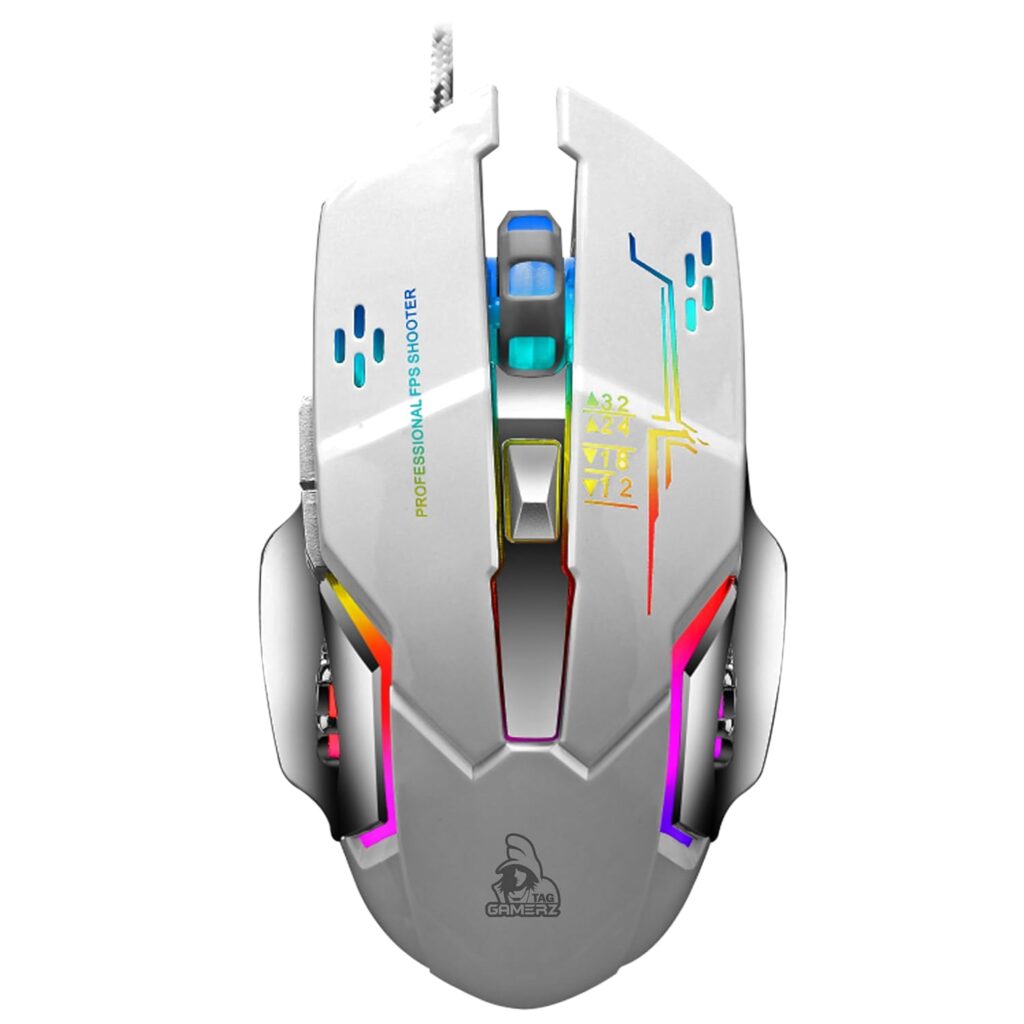 TAG GAMERZ Glide USB Wired Gaming Mouse with Upto 3200 DPI Optical Gaming Sensor | 6 Buttons Design | Upto 7 Million Clicks | 7 Colours Rainbow Lighting with Breathing Effect | 1.5m Braided Cable -WH