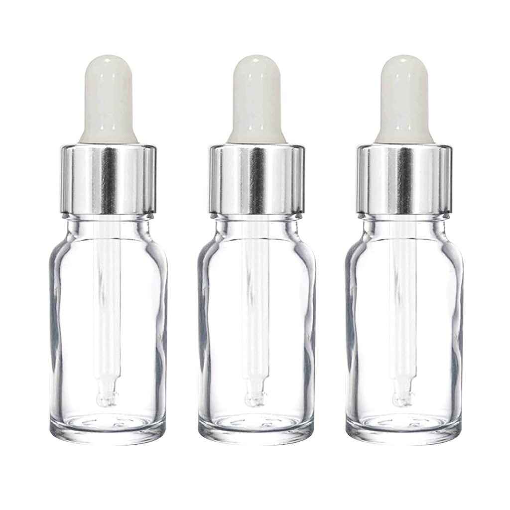 Nsb Herbals 10 ML Clear / Transparent Round Empty Glass Bottle + Glass Dropper + Silver Ring + Silcon White Teat, Refillable, Leak Proof For Essential Oils, Perfumes (Pack of 3)