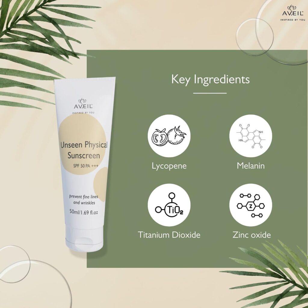 AVEIL All Skin Unseen Physical Sunscreen SPF 50 PA +++|50ml|UVA, UVB & Blue Light Protection|No White Cast|Water & Sweat Resistant|Hydrating Sunscreen|Prevents Fine Lines & Wrinkles|Pack of 1
