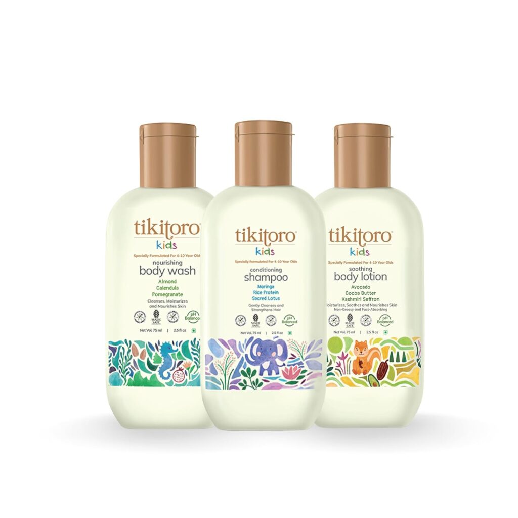 Tikitoro Kids Starter Pack 100% Vegan with Nourishing Body Wash, Soothing Body Lotion & Conditioning Shampoo, No Parabens & Sulphates (Age: 4+) (75 ml x 3)