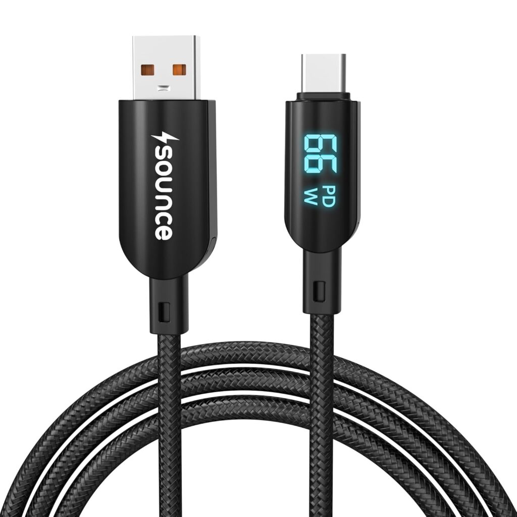 Sounce 66W Type-C Fast Charging Braided Cable 6.5A Output LED Display Real-Time & Tangle-1.2M Length 480Mbps Data Transfer 3.0 Universal Compatible for Phones Tablet Laptop & More (Black)