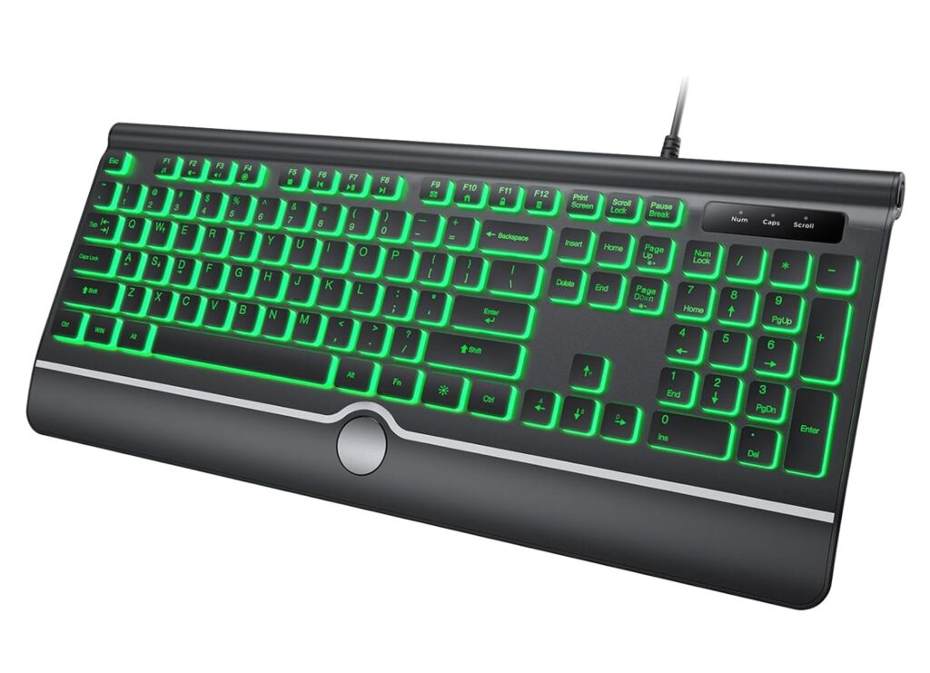 Backlit Computer Keyboards, Wired Light Up Keyboards with 7-Color Backlit, Wrist Rest, Illuminated Keyboard Easy to See and Type, Corded Full-Size Keyboard for Windows Desktop, Laptop, PC
