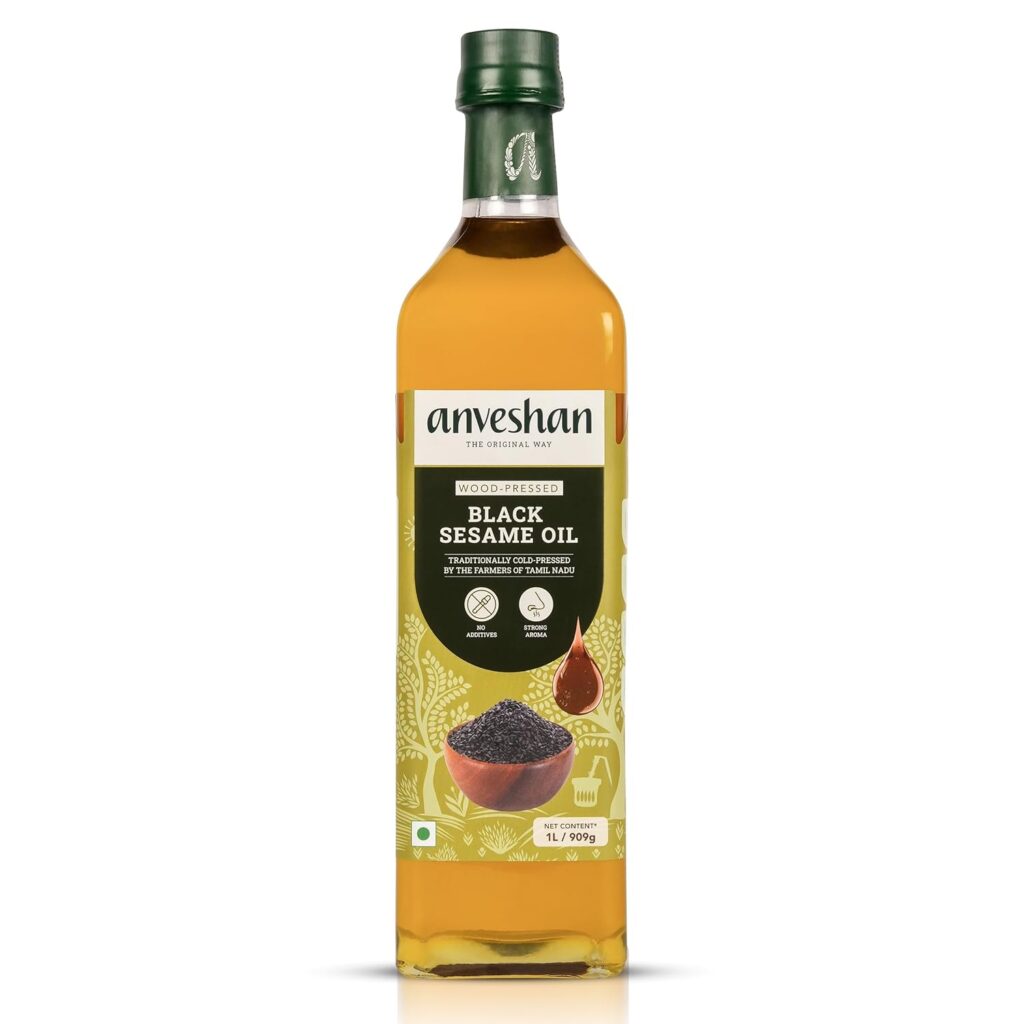 Anveshan Wood Cold Pressed Black Sesame Oil - 1L | Glass Bottle | Kolhu/Kacchi Ghani/Chekku | Gingelly Oil | Natural | Chemical-Free | Cold Pressed Sesame Oil for Cooking