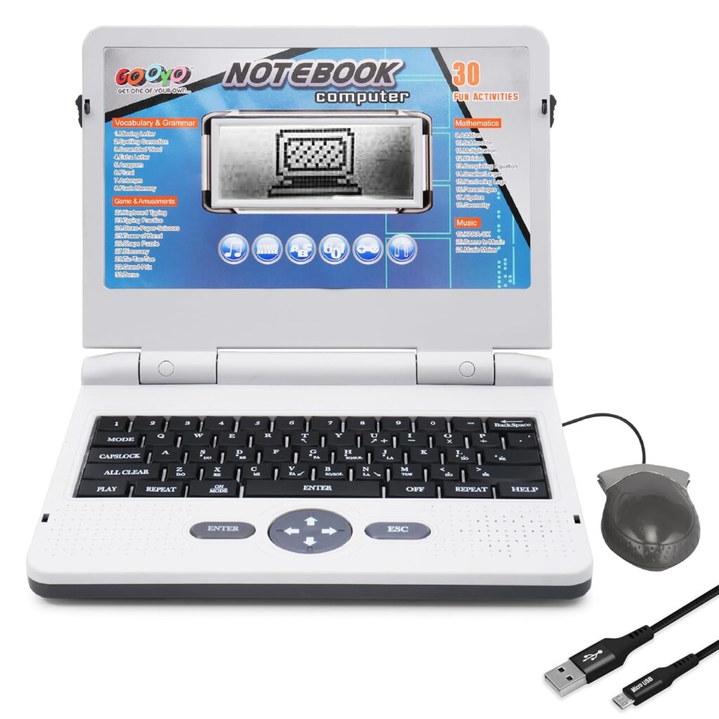 Gooyo GY1041 Plug & Play Notebook Computer Toy with 30 Fun Activities | Educational Toy Laptop for Kids | Grey Color, Dual Power Supply Source: Micro USB Cable (Included) & 3xAA Battery (Not Included)