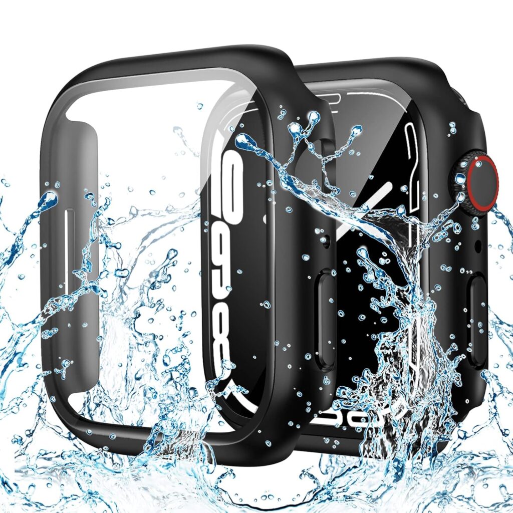 Goton Waterproof Case Compatible with Apple Watch 44mm SE Series 6 5 4 with Tempered Glass Screen Protector, iWatch Full Protective Hard PC Bumper Case Face Cover for Men Women (44 mm,Black)