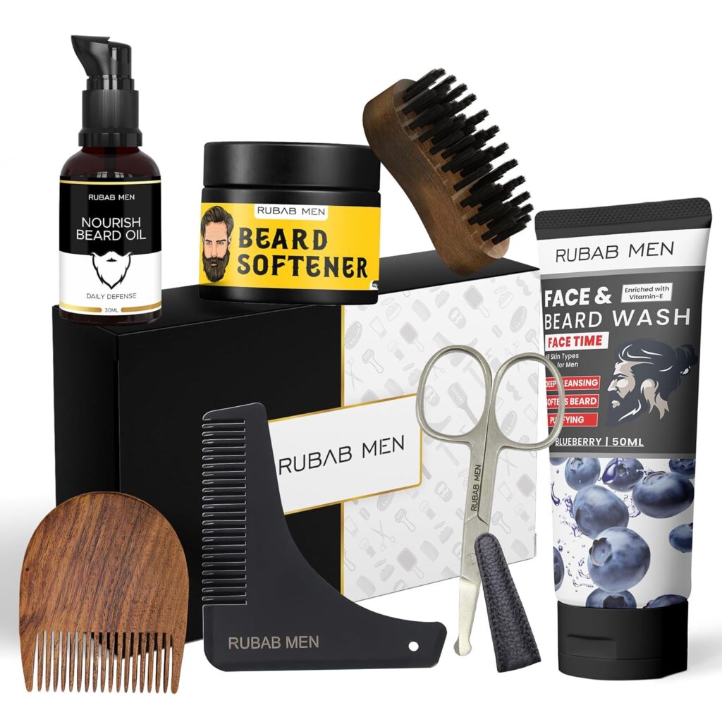 Rubab Men Complete 7-in-1 Beard Kit for Men | Beard Growth Oil, Beard Wash, Beard Brush, Beard Shaper Tool, Nose Safety Scissor, Beard Softener Cream & Beard Comb |Premium Beard Gift Set