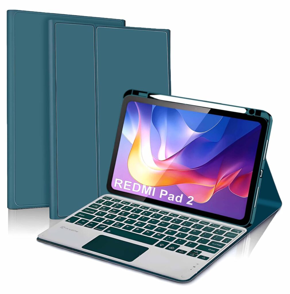 ProElite TouchPad Keyboard case for Xiaomi Redmi Pad 2 11 inch, Magnetic Detachable Wireless Bluetooth TouchPad Keyboard Built-in 7-Colors Backlit with Pen Holder, Dark Green