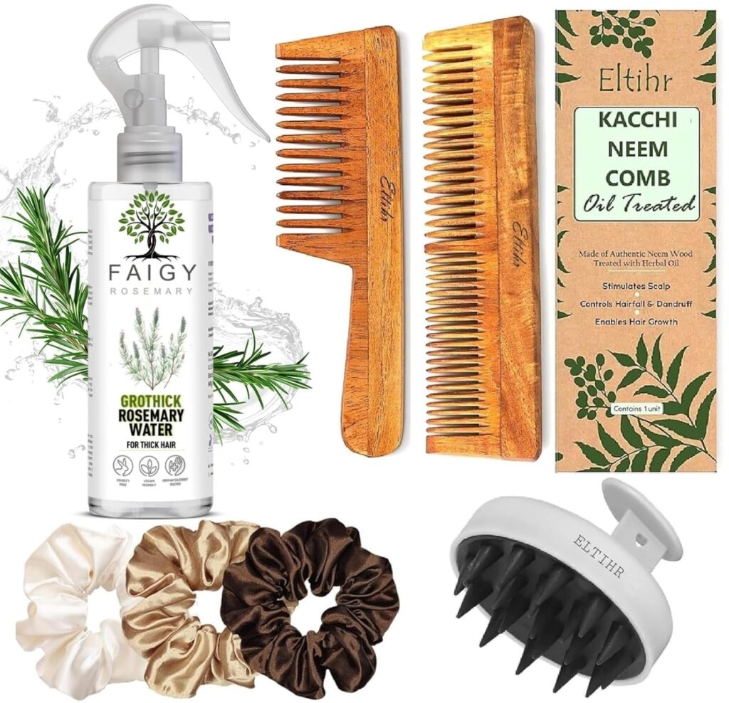 Pack Of 7pc Kacchi Neem Comb, Wooden Comb with 200ml Rosemary Water Spray for Hair Growth & Hair Thickness | Hairfall, Dandruff Control | Hair Straightening, Frizz Control | Comb for Men, Women | Treated with Oil and herbs (All Combo )