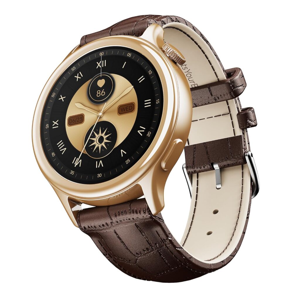 Boat Enigma Daze Women's Luxury Smart Watch w/ 1.3”(3.3cm) Luminous Display, Emergency SOS Live Location Sharing, Functional Crown, Watch Face Studio, QR Tray, BT Calling, HR & SpO2 (Brown Leather)