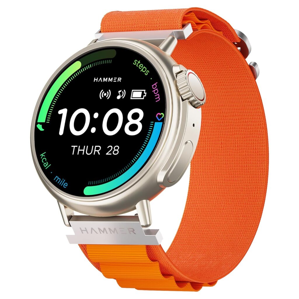 HAMMER Active 3.0 1.39" Round Dial Smart Watch for Men, Always On Display, Metallic Body, Bluetooth Calling, Notifications (Pop Orange)