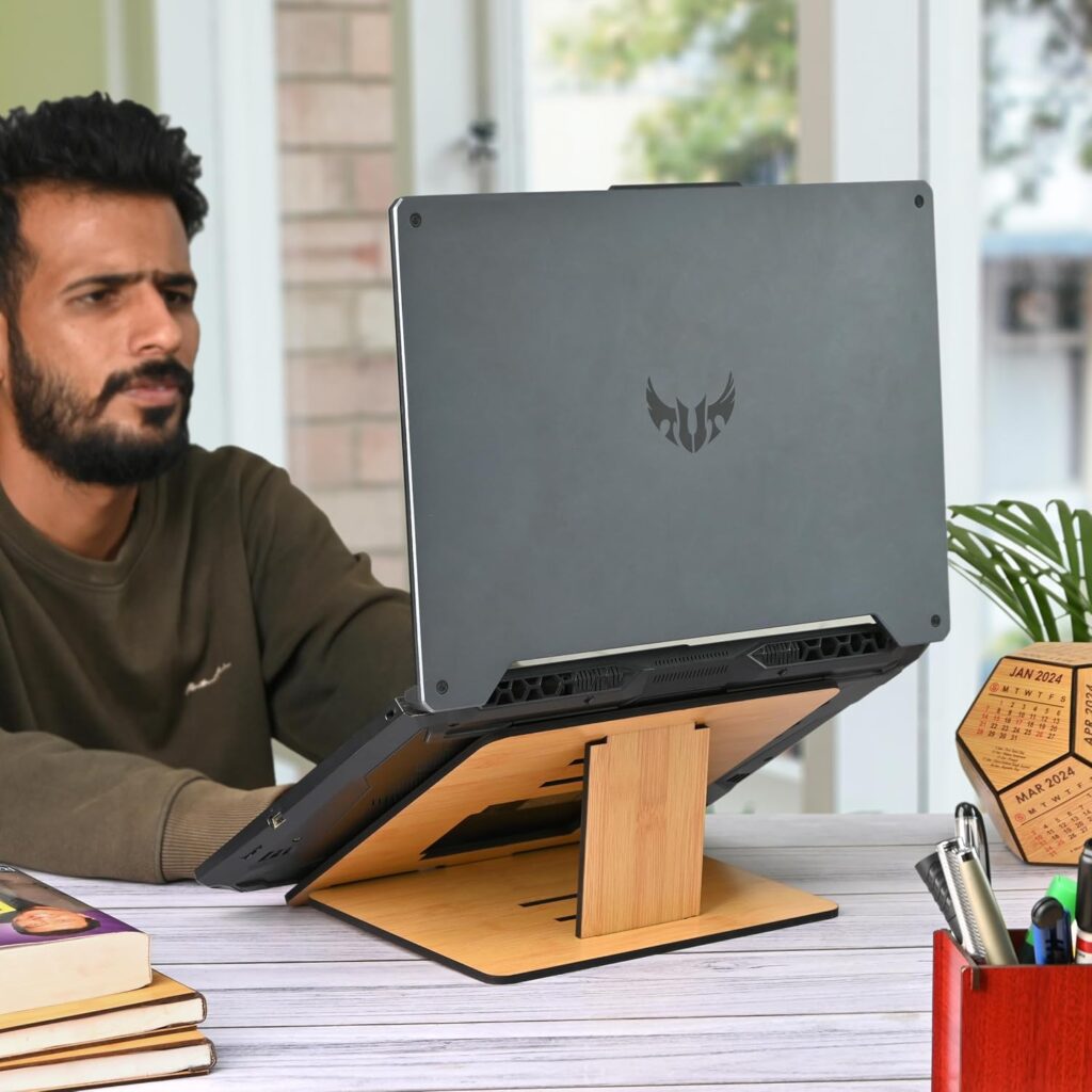 GKD Portable Laptop Stand Compatible with MacBook Apple dell xps hp Lenovo asus Premium Laptop Stand Wooden for Desk Ergonomic Sturdy Lightweight Friendship Gifts Gifts (Bamboo ecofriendly)