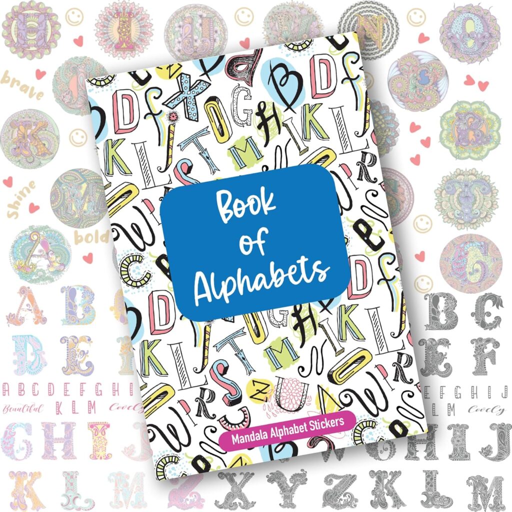 Ambiyaa A to Z Alphabet in 3 Styles - Mandala, Colored Artistic and B&W Artistic Handmade DIY Vinyl Waterproof Stickers for Scrapbooking/Laptop/Phone/Luggage/Fridge/Bottle/Guitar/Toys-Self-Adhesive