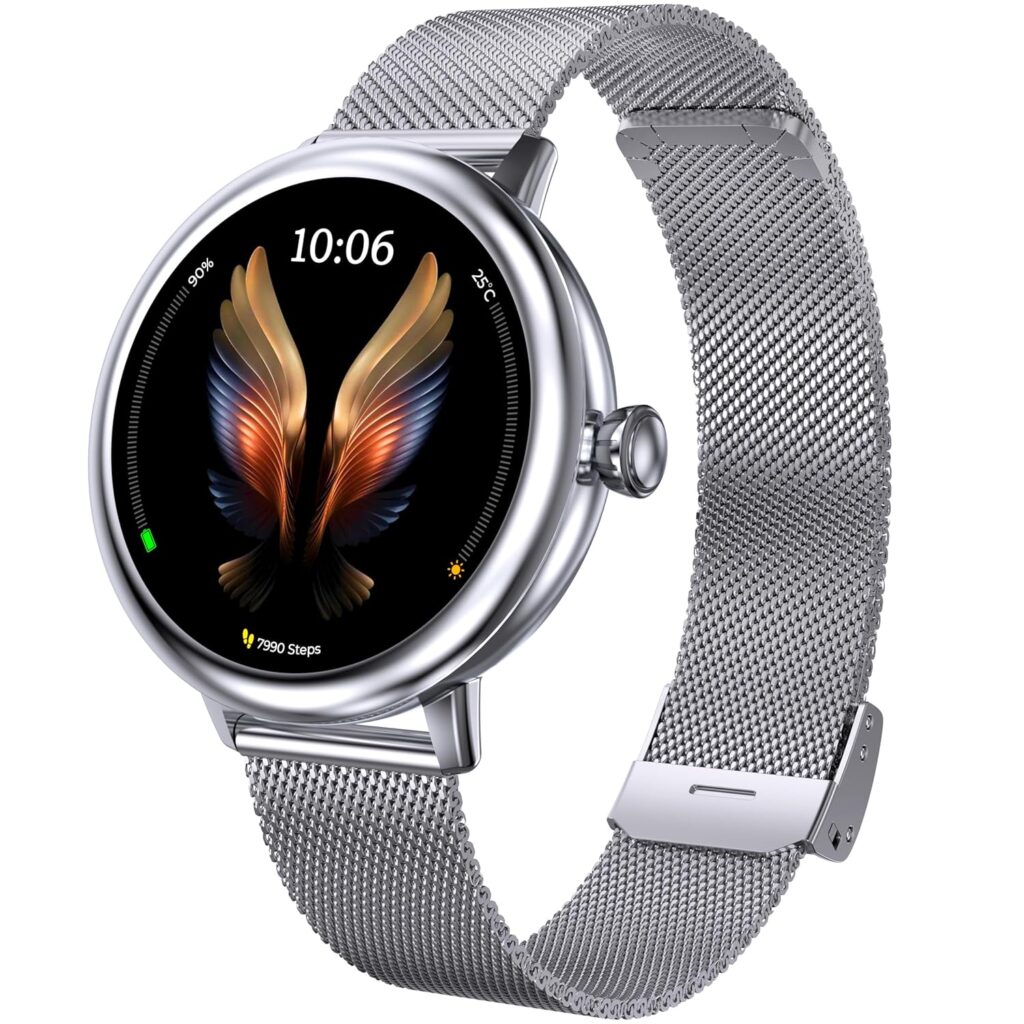 beatXP Eva 1.2" Super AMOLED Display, Bluetooth Calling Smart Watch for Women, Metal Body, 360 * 360px, Menstrual Tracker, 100+ Sports Modes, Rotary Functional Crown (Silver)