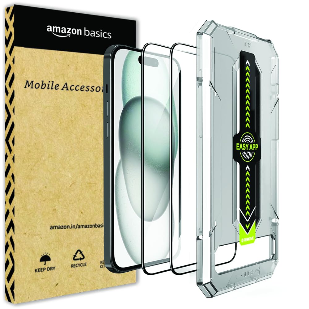 Amazon Basics Set of 3 Tempered Glass Screen Protector Guard for iPhone 15 Pro with 1 Set of Individual Lens Protectors | 2.5 D Curved Edges | Full Coverage