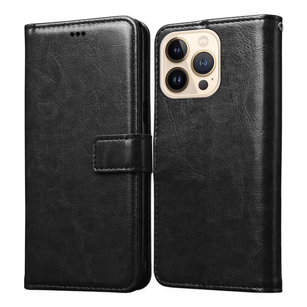 Amazon Brand - Solimo Flip Leather Mobile Cover (Soft & Flexible Back case) (Black) for Apple iPhone 13 Pro Max