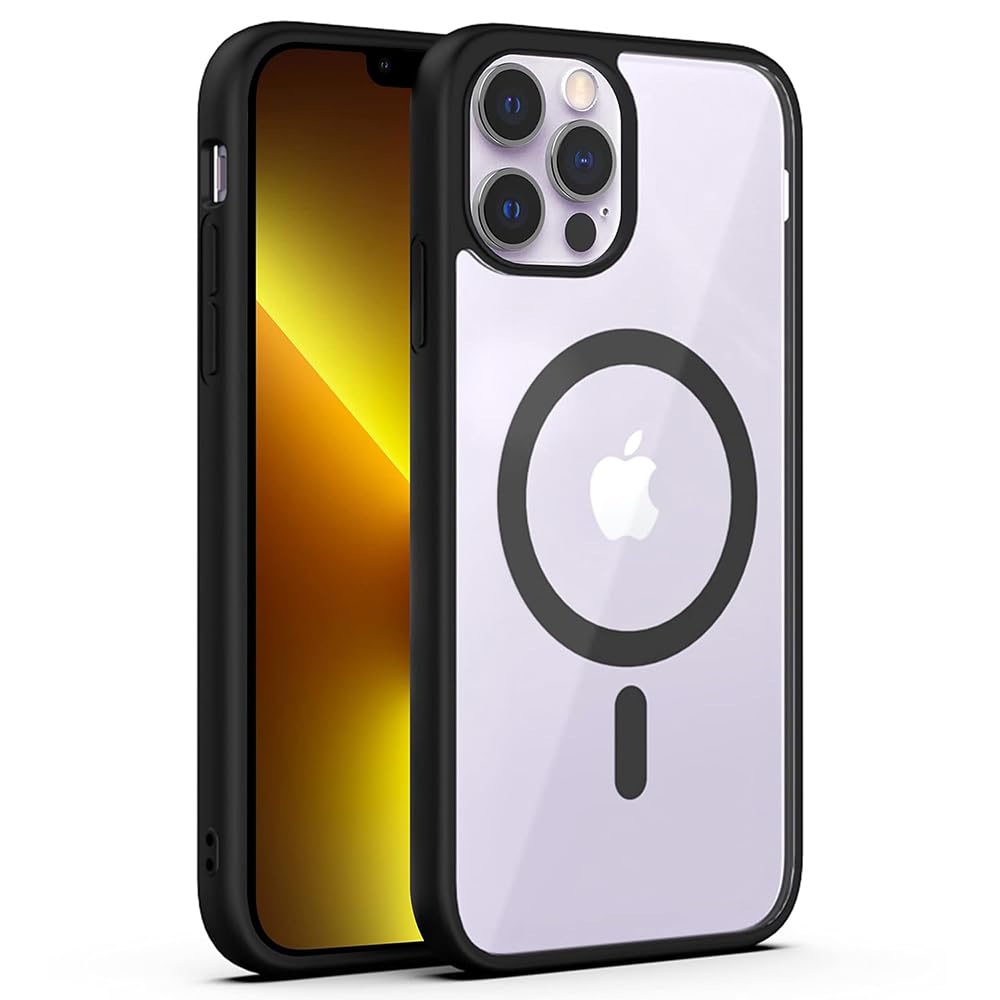 Amazon Brand- Solimo Mobile Cover for Apple iPhone 13 Pro Max (Silicon Crystal Clear Slim PC & TPU, Soft & Shockproof Back Case, Magnetic Case), Black