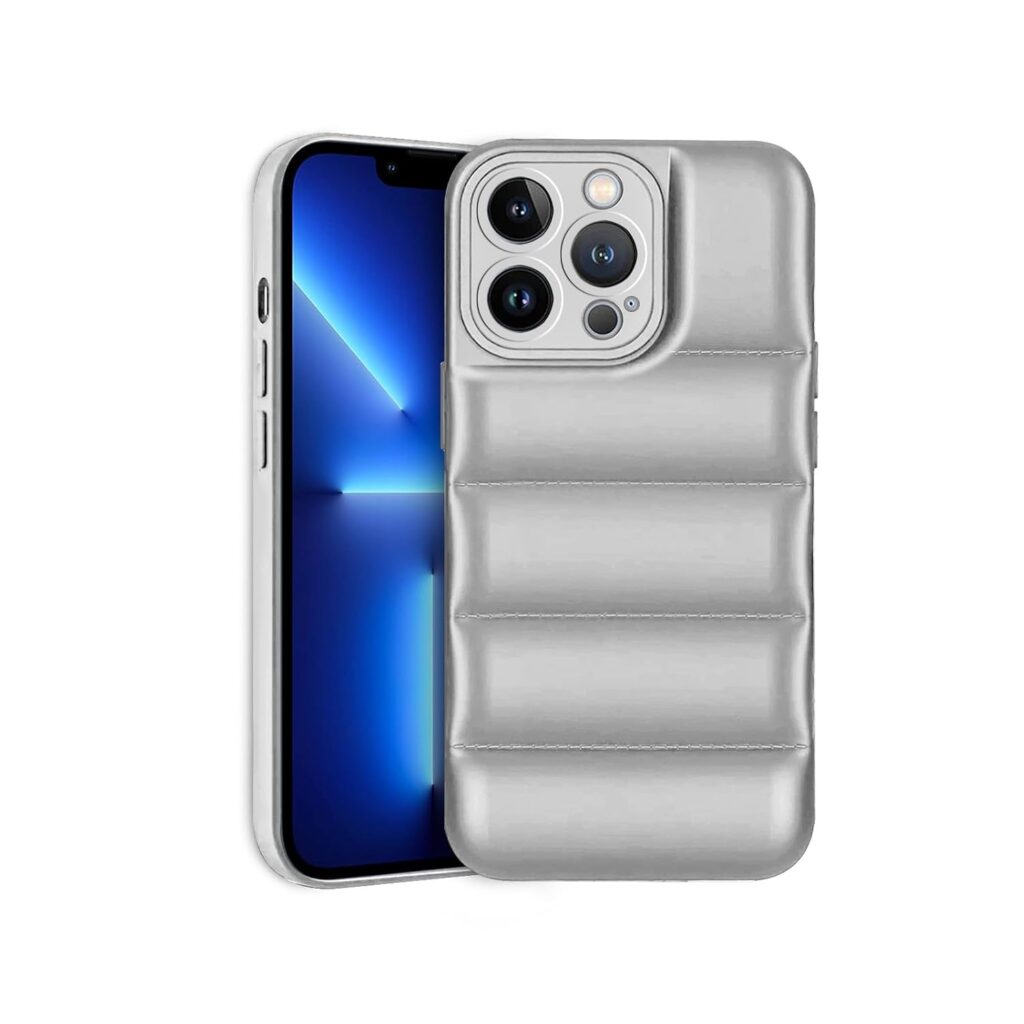 Amazon Brand - Solimo Puffer Case Camera Protection Soft Back Cover for Apple iPhone 13 Pro Max - Silver