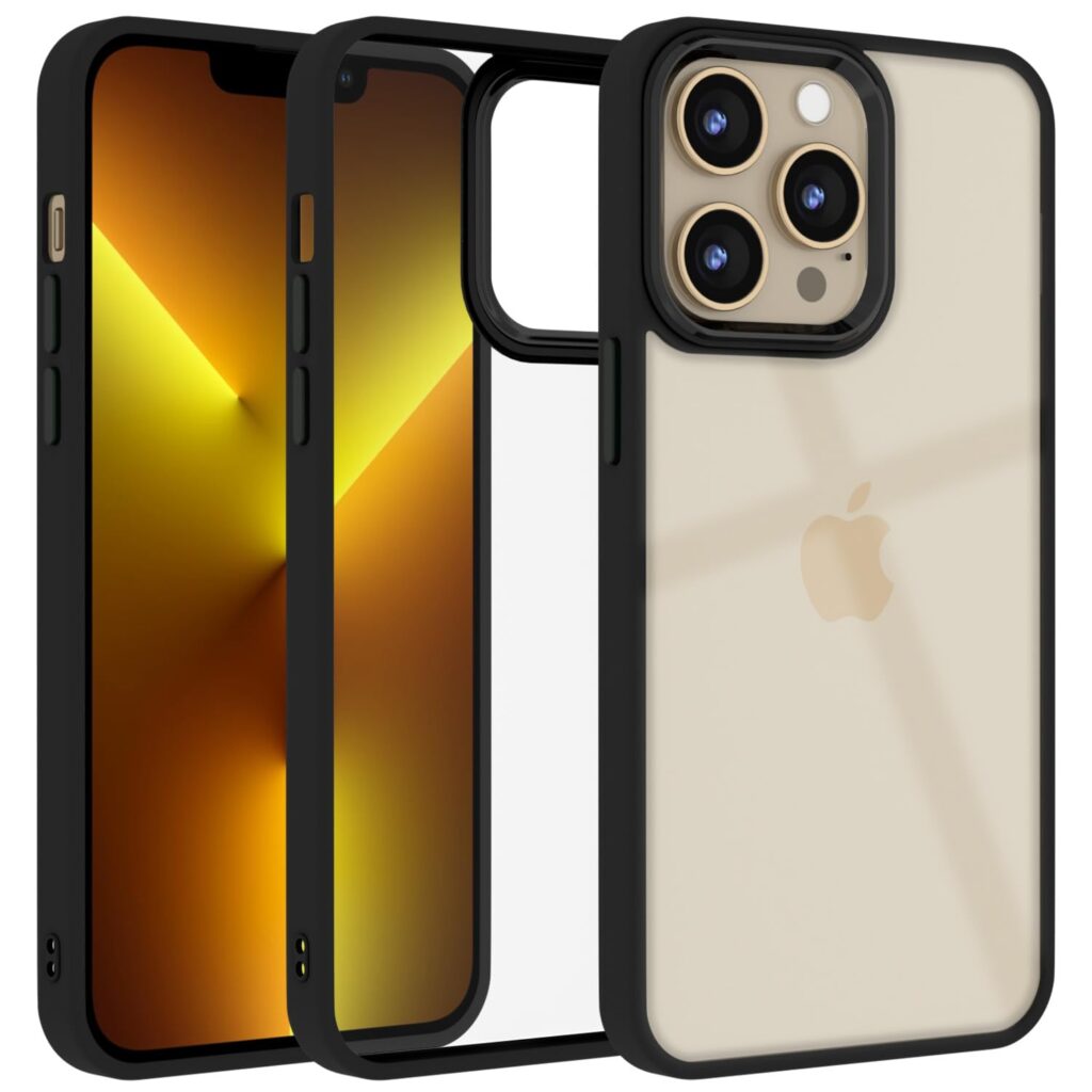 Amazon basics Cover for iPhone 13 Pro Max |Electroplated Crome Metal Ring | Full Camera Protection | Raised Edges | Super Soft Side TPU Bumper Case (Black)