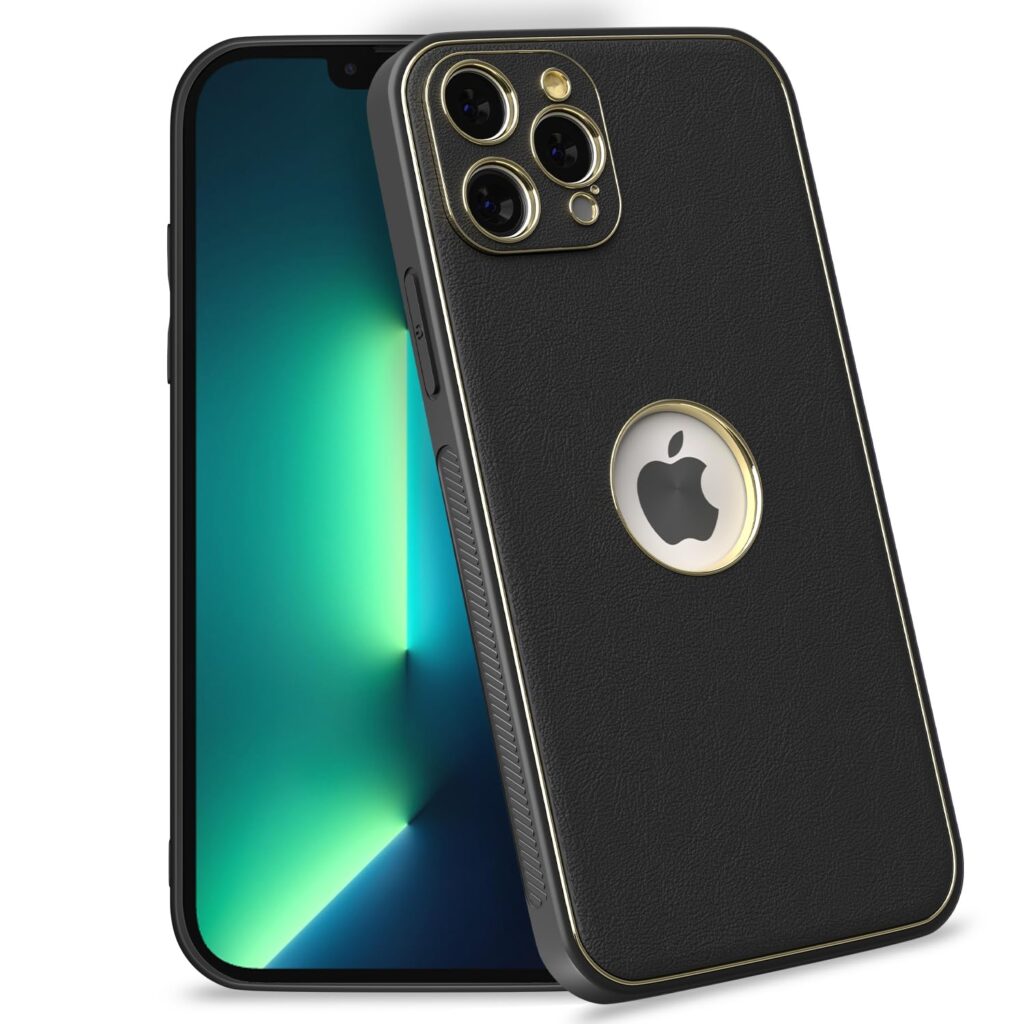 Amazon basics Cover for iPhone 13 Pro Max| Gold Electroplating Leather Chrome | Raised Edges | Super Soft-Touch | Bumper Case (Black)
