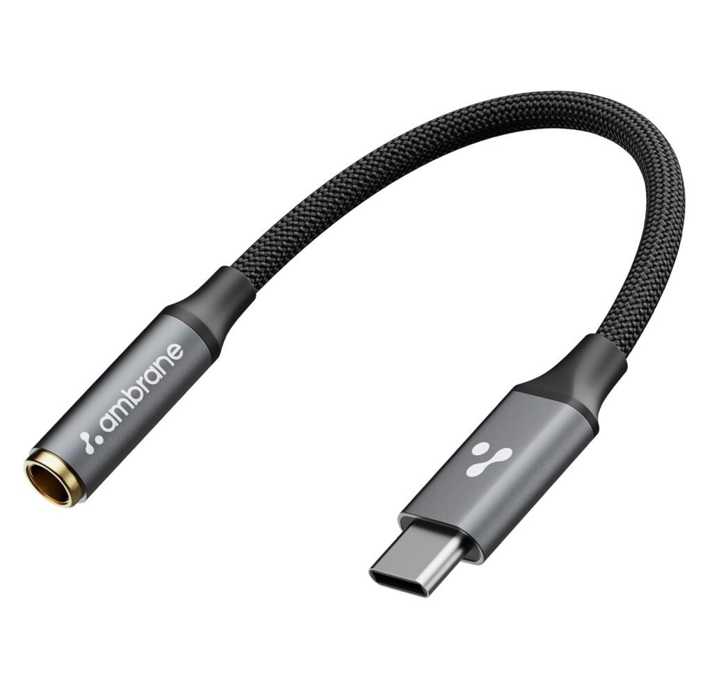 Ambrane Type C to 3.5mm Audio Jack Converter with DAC Headphone Adapter, Connector Cable for iPhone 16/15 Series, Samsung, OnePlus, Google Pixel, Laptops, Other Devices (AOTG-CX3, Black)