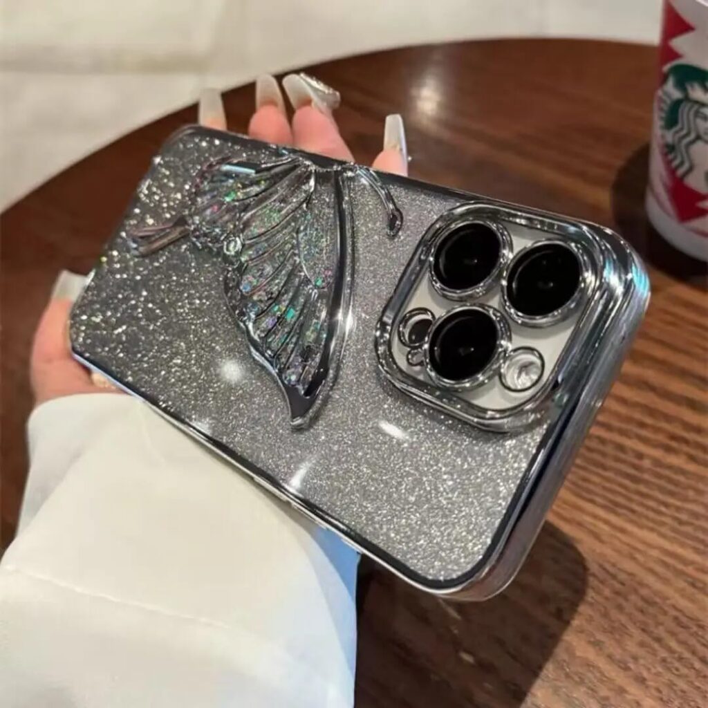 Back Cover for iPhone 13 Pro Max 3D Glitter Butterfly Quicksand Phone Case, Shockproof Cover, Electroplated Lens Protection for iPhone 13 Pro Max (Silver)