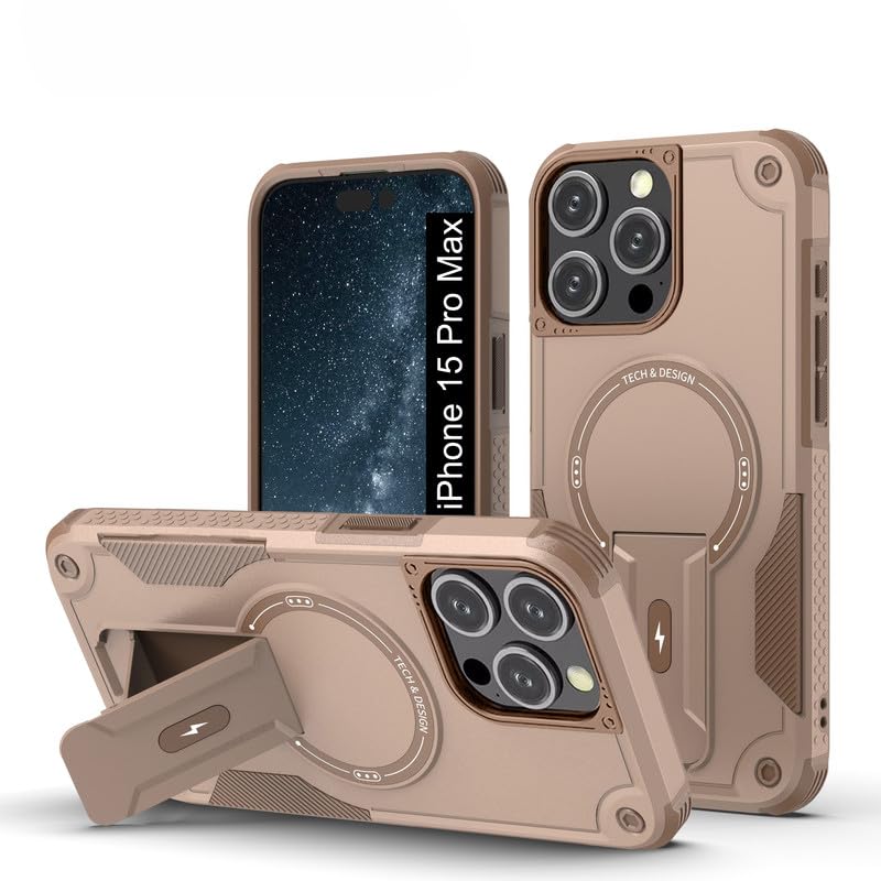 Back Cover for iPhone 15 Pro Max with Portable Kickstand | Mag-Safe Compatible Magnetic Case | Shockproof Military Grade Protection | Extreme Protection Phone Cover – Bronze