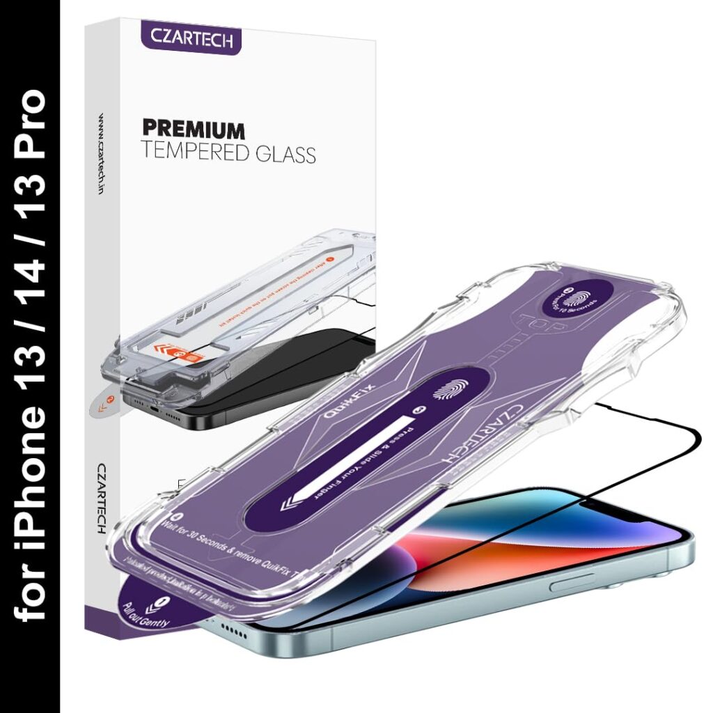 CZARTECH [Auto Align Quick Fix Tempered Glass Screen Protector for iPhone 13 | iPhone 14 | iPhone 13 Pro Full Screen Coverage Edge to Edge 9H HD Glass with Easy Installation Kit.